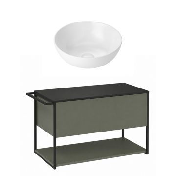 Set dulap baza suspendat Krofam Lov verde-negru 80 cm blat negru si lavoar 39 cm