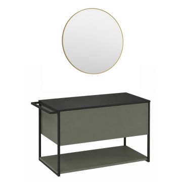 Set dulap baza suspendat Krofam Lov verde-negru 80 cm blat negru si oglinda cu rama aurie