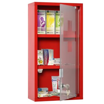 kleankin Dulapior pentru Medicamente, Caseta pentru Medicamente din Otel cu Usa din Sticla, 3 Rafturi si 2 Chei, Rosu, 25x12x48cm