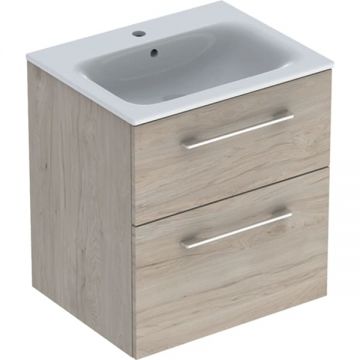 Set mobilier Geberit Selnova Square lavoar 60cm cu margine ingusta si dulap cu doua sertare Nuc american deschis