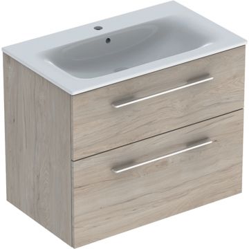 Set mobilier Geberit Selnova Square lavoar 80cm cu margine ingusta si dulap cu doua sertare nuc american deschis