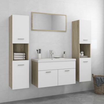 vidaXL Set mobilier de baie, alb și stejar Sonoma, PAL vidaXL Set mobilier de baie, alb și stejar Sonoma, PAL
