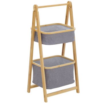 HOMCOM Mobilier Baie Pliabil cu Sertare din Tesatura, Raft Depozitare cu 2 Etajere din Bambus si Poliester Gri, 45x35x98cm