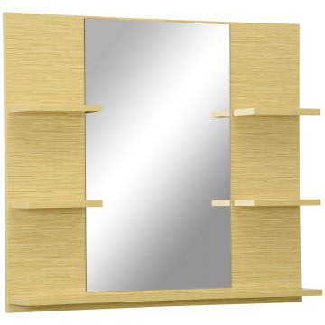 Kleankin Oglinda pentru perete dreptunghiulara cu 4 rafturi laterale si unul inferior din MDF si sticla, 80x12.5x70cm