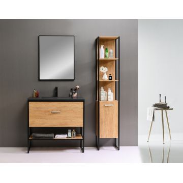 Set mobilier pentru baie, Mady Natural / Negru, 90 cm, 4 piese