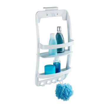 Suport accesorii baie, cu 2 etajere si 4 carlige, din plastic, Universal Alb, l26xA11,5xH54,5 cm Suport accesorii baie, cu 2 etajere si 4 carlige, din plastic, Universal Alb, l26xA11,5xH54,5 cm