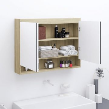 vidaXL Dulap de baie cu oglindă, alb și stejar, 80x15x60 cm, MDF