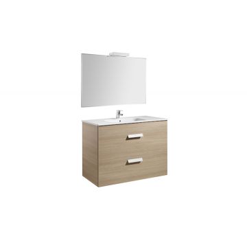 Set mobilier Roca Debba Standard dulap baza cu 2 sertare 100x46cm Stejar Texturat lavoar si oglinda iluminata