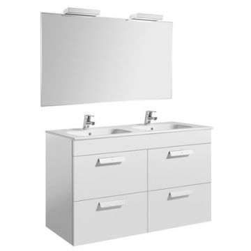 Set mobilier Roca Debba Standard dulap baza cu 2 sertare 120x46cm alb lavoar si oglinda iluminata