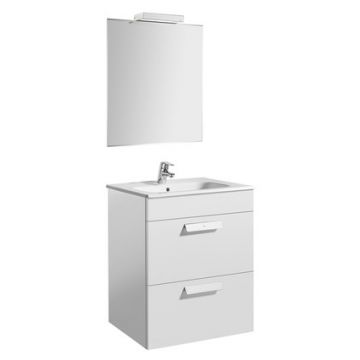 Set mobilier Roca Debba Standard dulap baza cu 2 sertare 60cm alb lavoar si oglinda iluminata