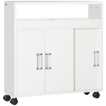 Kleankin Dulap Mobil Baie, Uși Glisante, Raft Reglabil, 4 Roți, PAL și Aluminiu, 70x20x71cm, Alb | Aosom Romania