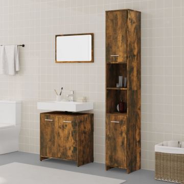 vidaXL Set mobilier de baie, 3 piese, stejar fumuriu, lemn prelucrat
