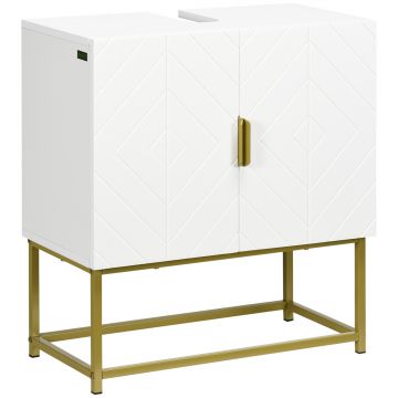 Kleankin Masca pentru chiuveta cu dulap cu 2 usi, mobilier modern din lemn si otel cu decoratiuni geometrice, 60x30x65cm, alb si auriu | AOSOM RO