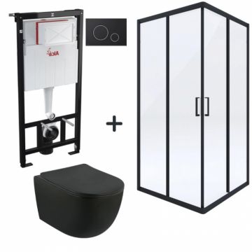 Set cabina dus cu usa culisanta, vas wc rimless cu capac soft close si rezervor wc incastrat cu clapeta Foglia