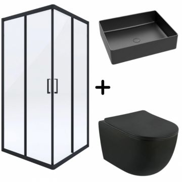 Set cabina dus neagra cu usa culisanta 90x90 cm, vas wc rimless suspendat si lavoar baie pe blat Foglia