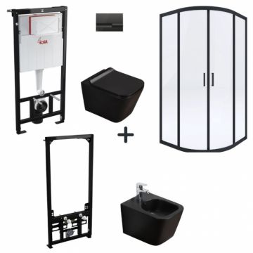 Set cabina dus neagra semirotunda, vas wc rimless cu capac soft close, bideu suspendat, rezervor incastrat si clapeta neagra