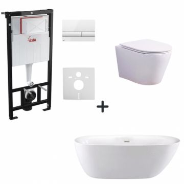 Set cada baie freestanding ovala plus vas wc rimless suspendat cu capac soft close, rezervor wc incastrat si clapeta alba cu izolare fonica