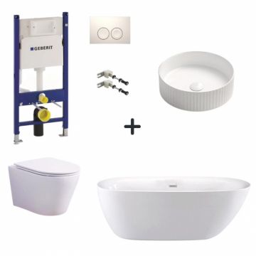 Set cada freestanding, lavoar cu ventil, vas wc rimless suspendat cu capac soft close, rezervor incastrat si clapeta