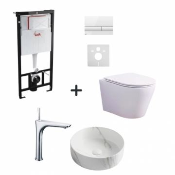 Set vas wc rimless cu capac soft close, lavoar cu ventil inclus, baterie si rezervor wc incastrat cu clapeta
